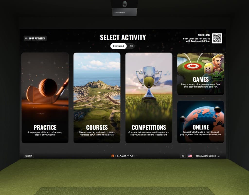 TrackMan activity selection showing practice, courses, competitions, games and online play